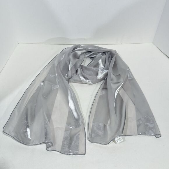 Women’s Gray Satin Silver Stripe Scarf Sheer Lightweight Wrap 60”x12.5” - Picture 6 of 14